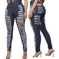 

Wholesale dark blue high waist denim ripped fashion women newest slim jeans