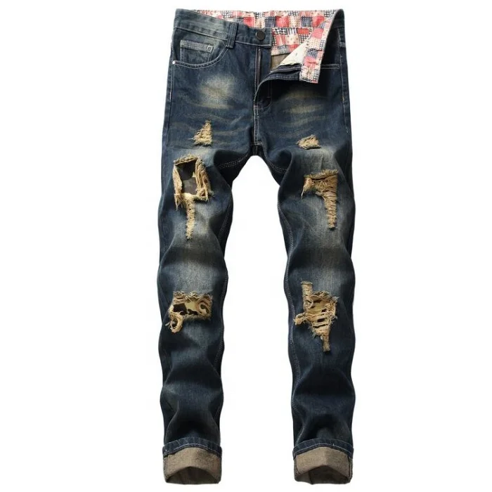 

Elastic Jeans Hiphop Street Straight Destroyed Hole Ripped Skinny Distressed Male Vintage Comfortable Pants