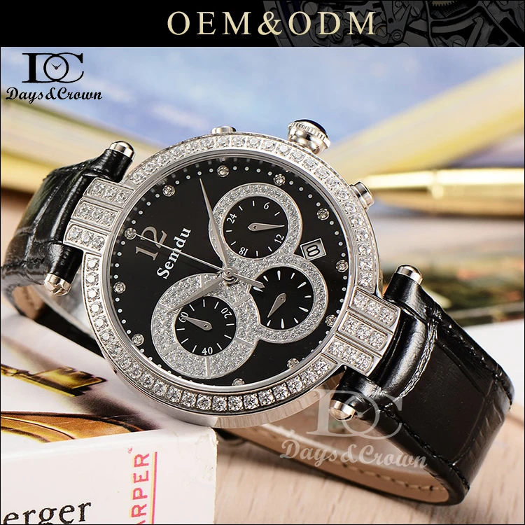

Customize Small MOQ Woman dress watches custom chronograph function lady diamond quartz watch, Black/white/purple/blue/pink