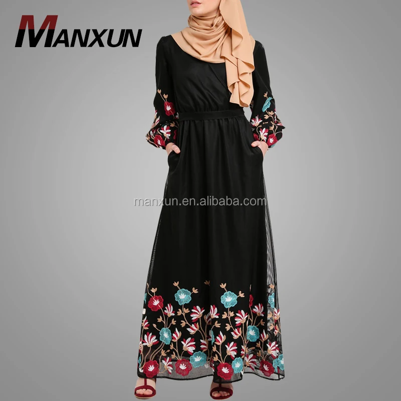 

Elegant Black Lace Embroidery Net Muslim Long Dress For Women Manxun Abaya Islamic Clothing
