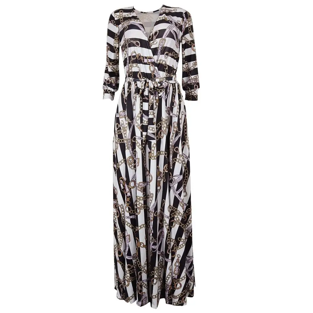 

2018 Hot Sale Casual Loose Long Sleeve Striped Chain Printed Dress, As pictures