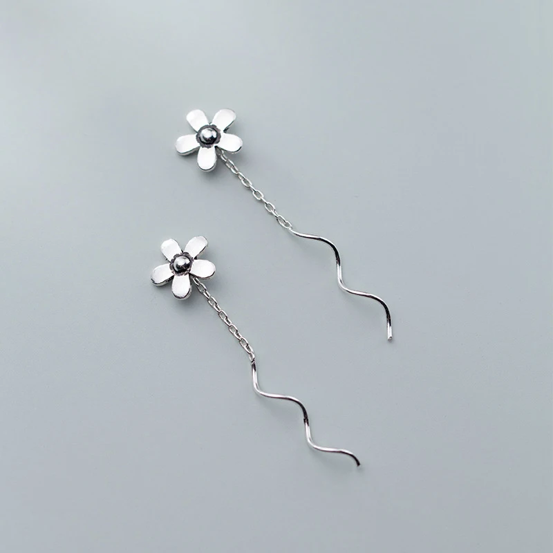 

Long Design Vintage Silver Flower Ear Line Earrings Women 925 Sterling Silver Jewelry