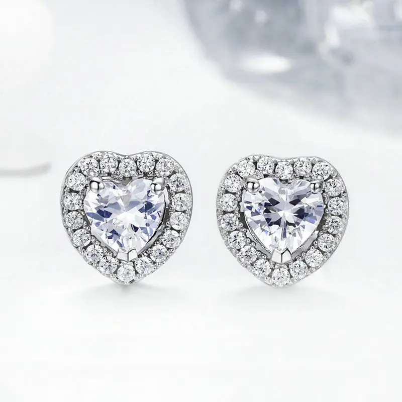 

SCE059 925 Sterling Silver CZ Double Heart Stud Earrings for Women Jewelry