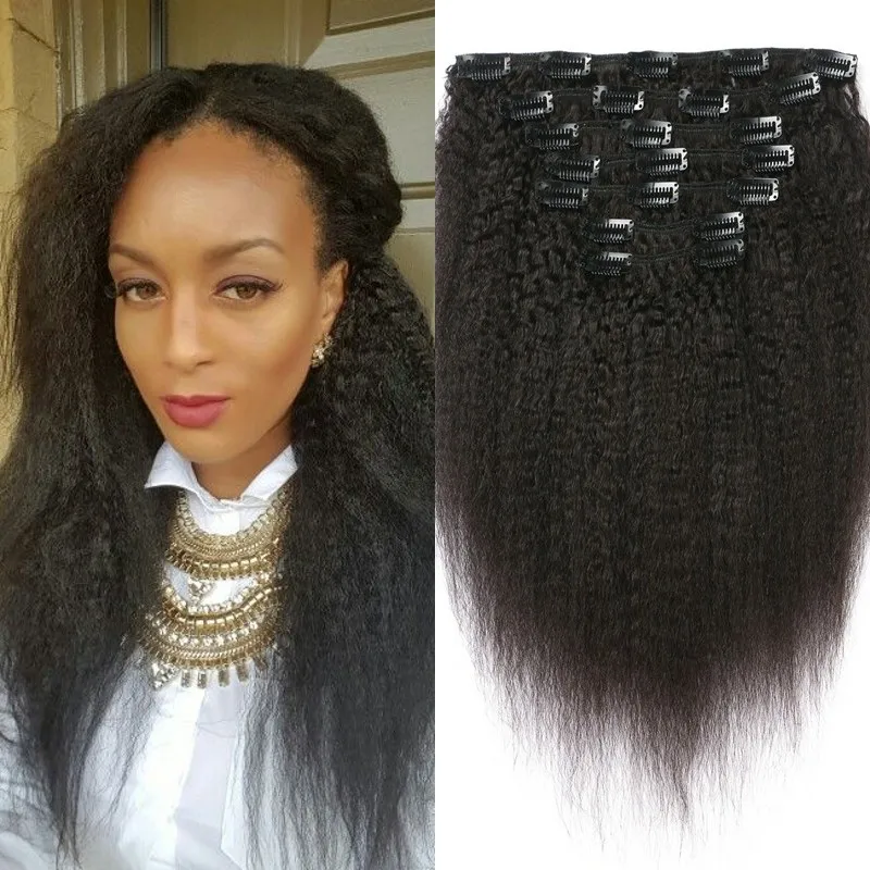 Indian Virgin Hair Kinky Straight Clip In Hair Extensions Natural