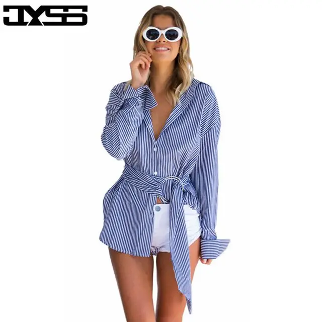 

Europe and the United States autumn new striped long-sleeved belt irregular shirt female 81109, Blue
