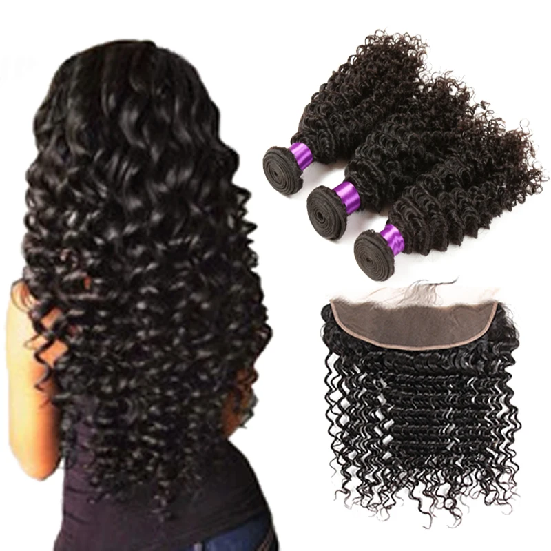 

9A Brazilian Human Hair deep 3 Bundles With Closure 13X4 Ear To Ear Lace Frontal Closure deep wave bundles with frontal