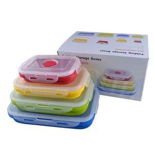 Image of 4 Pack 100% Food Grade Eco Microwave Freezer Safe Leakproof Folding Collapsible Bento Food Container Silicone Lunch Box