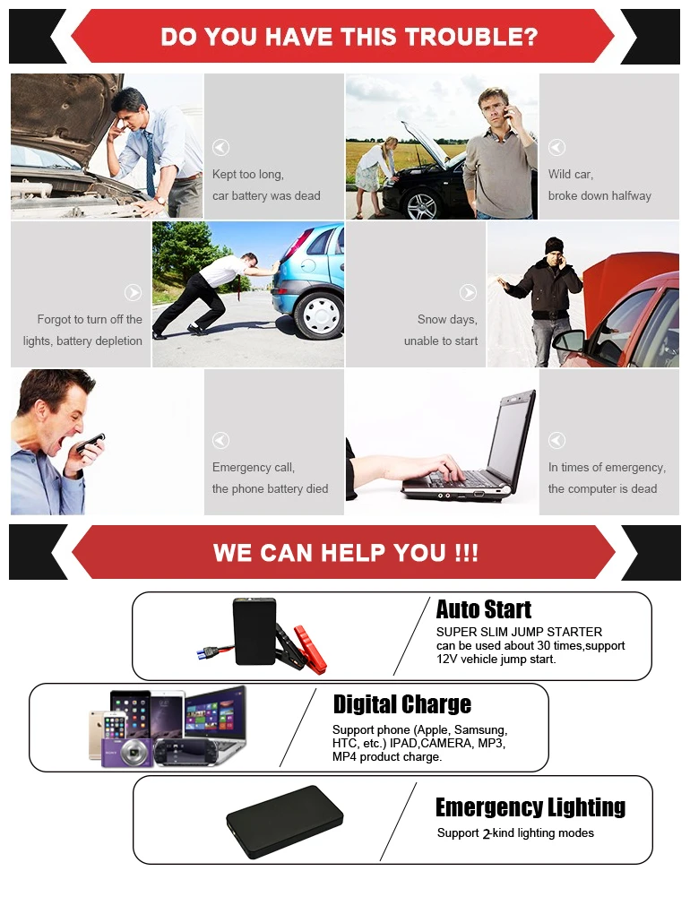 New Smart Safest Jump Starter 12V Car Starting Portable Power Battery Packs Car Jump Starter for iphone Auto