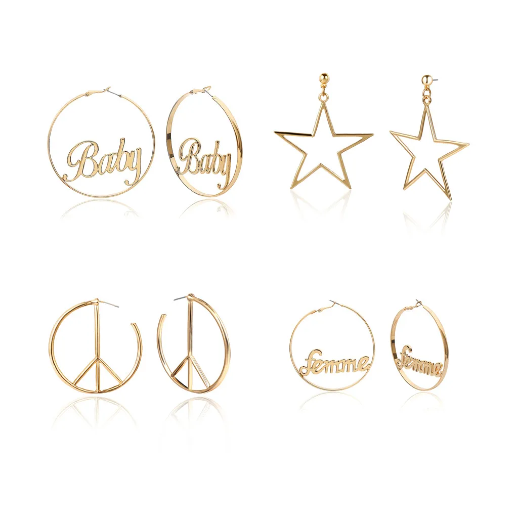 

DanYuan Exaggerated Big Hoop Earrings Women Fashion Jewelry Baby Femme Letter Earring Circle Round Star Peace Sign Earrings, Picture