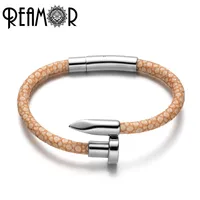 

REAMOR High Quality PU Stingray Leather Nail Bracelet Stainless Steel Conical Love Cuff Bracelet Bangles For Men Women Jewelry