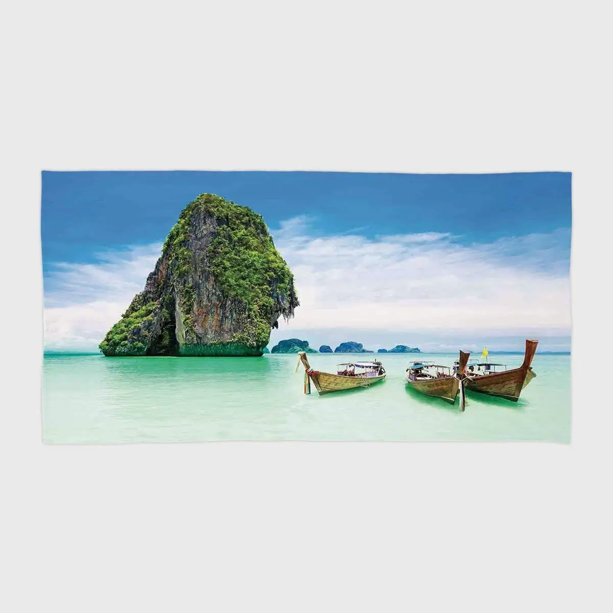 One Side Printing Hotel SPA Beach Pool Bath Hand Towel,Ocean Island Decor Limestone Rock in the Sea with Boats Tranquil Heaven Coast with Horizon Off Nature Photo Multi,for Kids Teens and Adults