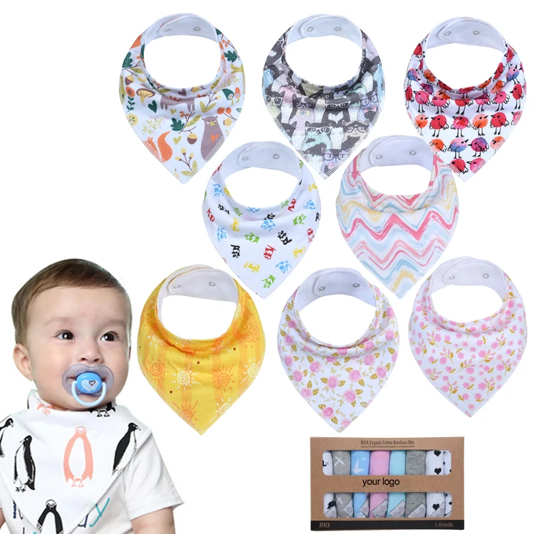 
OEM service 8 pack baby bibs 100% GOTS organic cotton baby bandana bibs for boys and girls 