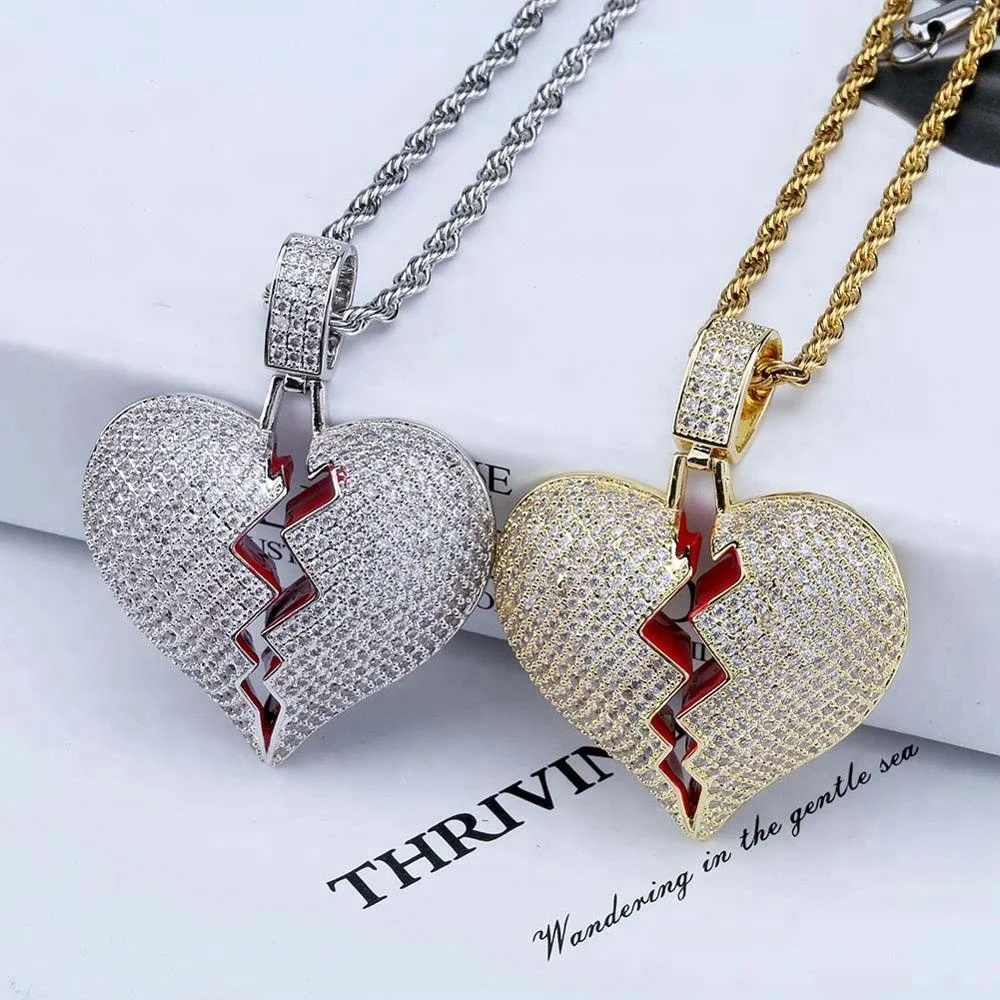 

New 3D Lightning Gold CZ Heartbreak Pendant Party Birthday Couple Gift Micro Zircon Hip Hop Jewelry Iced Heart Broken Necklace, Gold/silver