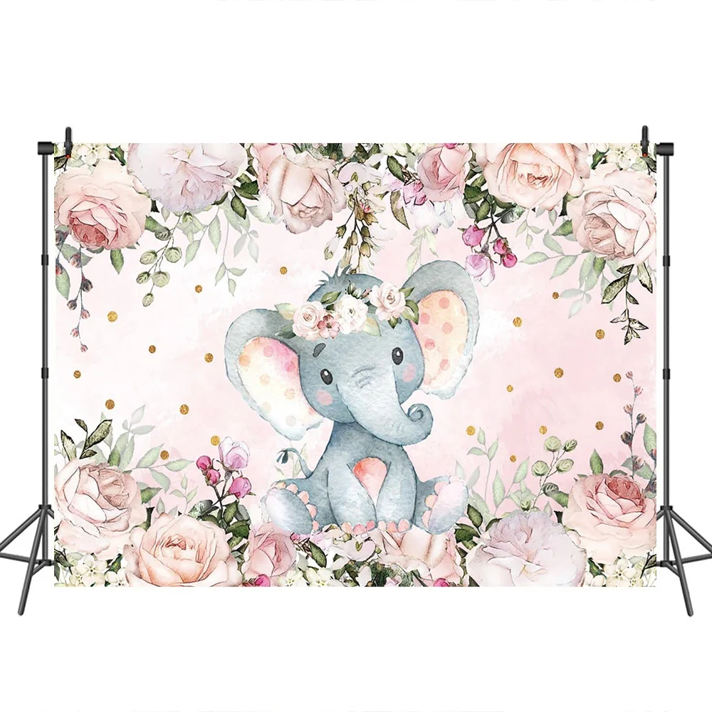 

Girl Elephant Baby Shower Background Floral Elephant Baby Shower Photography Backdrop, Customized