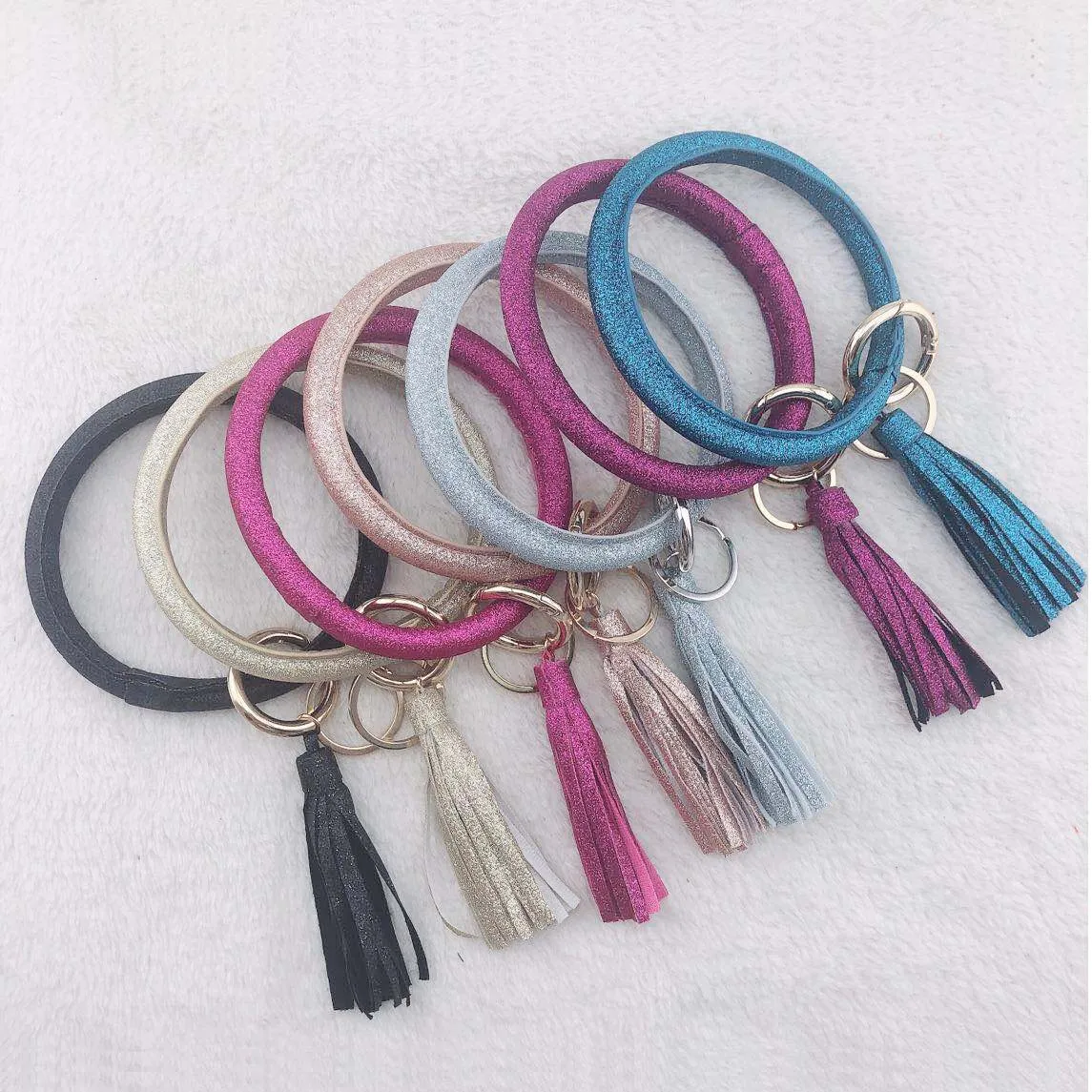 

Glitter Personalized Monogram Key Ring Bracelet Leather O Key Ring With Tassel, 16 colors