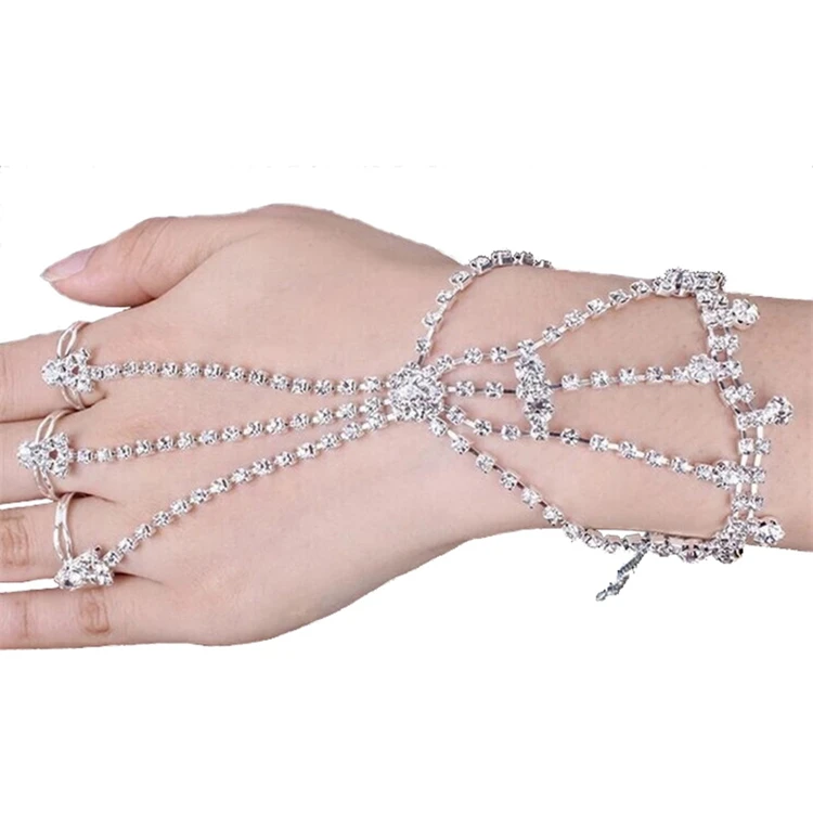 

Luxury Silver Plated Alloy Design Bridal Jewelry Wholesale Pave Crystal Three Finger Chain Hand Bracelet With Ring, Clear
