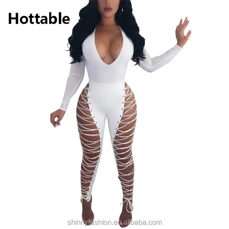 2018 Women's Sexy PU Leather Lace Up Bandage High Waist Party Night Club Pencil Pants