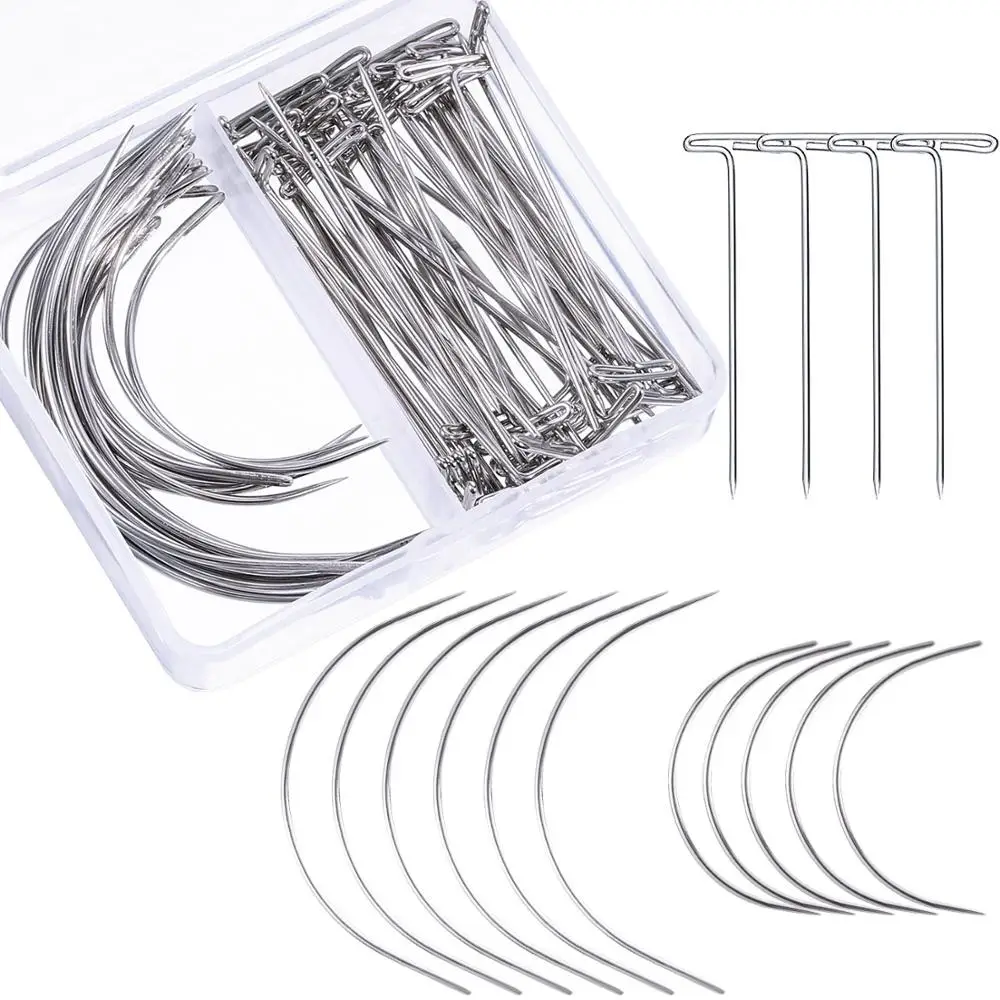 70 Piecesl Stainless Steel Wig Making Pins Needles Set Wig T Pins and C Curved Needles Hair Weave Needles