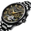 KINYUED Skeleton Watch Men Self-Wind Mechanical Watch Automatic Stainless Steel Waterproof Watch Masculino Relogio