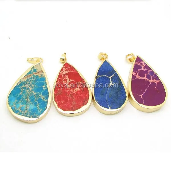 

JF6655 Wholesale gold plated sea sediment jasper Slice teardrop pendant,impression jasper gemstone teardrop pendant