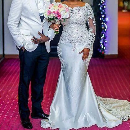 

2021 Nigerian Mermaid Wedding Dresses Beaded Lace Appliqued Long Sleeves African Black Girl Bridal Gowns plus size wedding gown