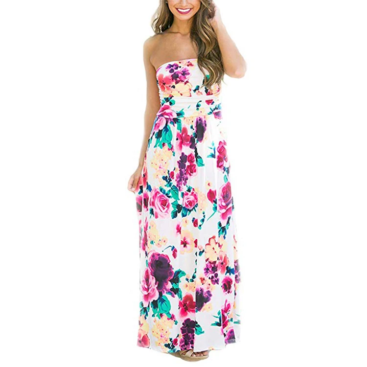 

Women's Summer Strapless Floral Party Long Dress Vintage Loose Beach Boho Maxi Dress with Pocket