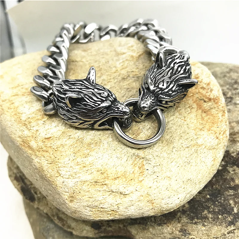 

biker stainless steel two wolf head locked chain and link bracelet, As photo