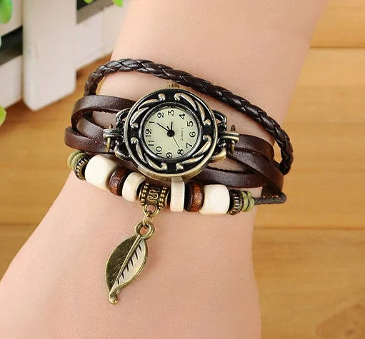 

Hot selling leather women weave pendant wrist leather watch custom casual bracelet watch wrist watches for women, As picture