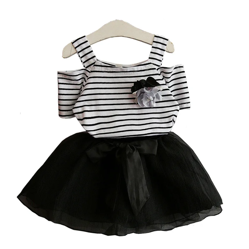 

sleeveless girl clothes set wholesale high quality baby clothes set girl skirt set, White/black