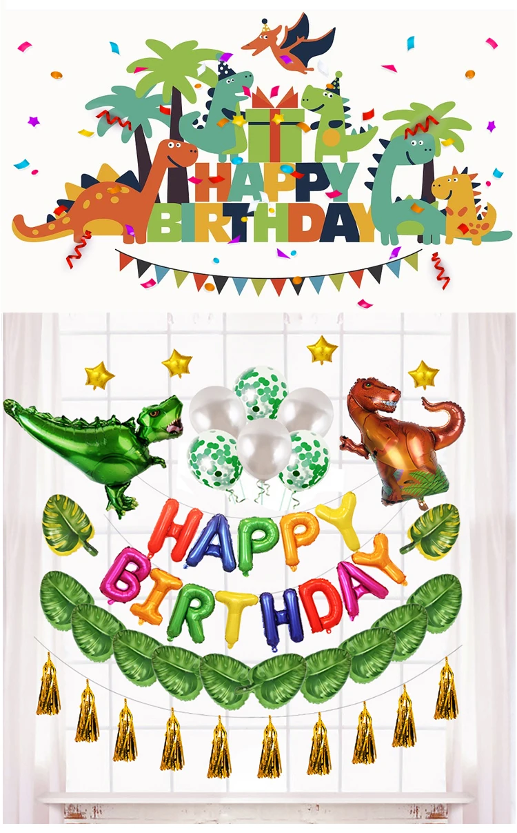 29pcs Happy Birthday Decoration Dinosaur Balloon Set With Leaf 16 inch Foil Balloon Green Confetti Latex Balloons Party Supplies