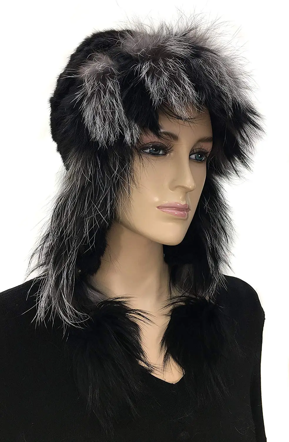 Mink Knit Trooper Hat with Silver Fox Trim and Pom Pom - Black