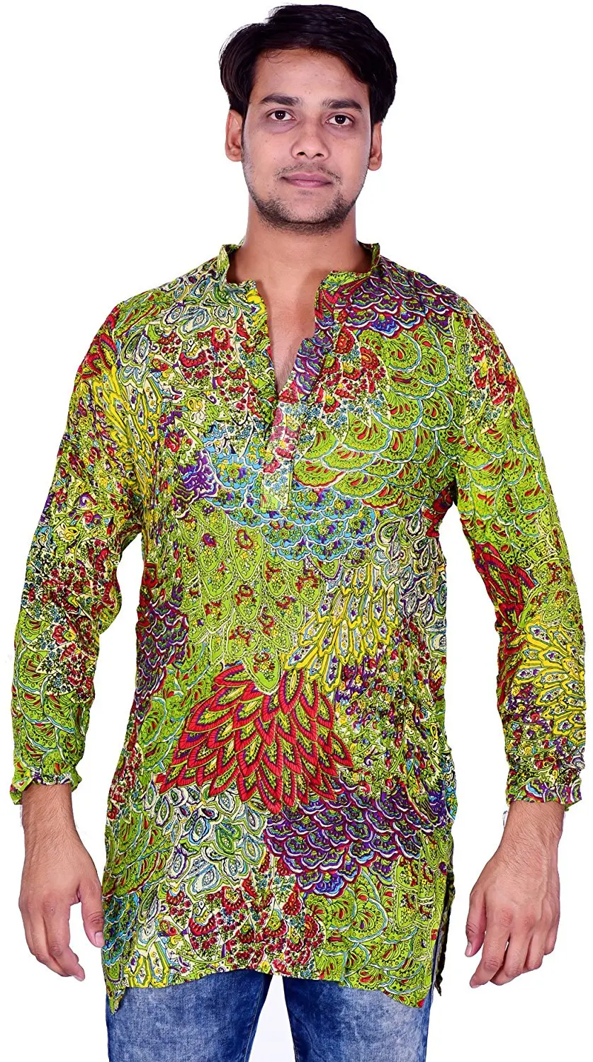 Lakkar Haveli Indian Pashmina Silk Men/’s Kurta Shirt Loose Fit Hand Loom Multi Color Plus Size Paisley Print