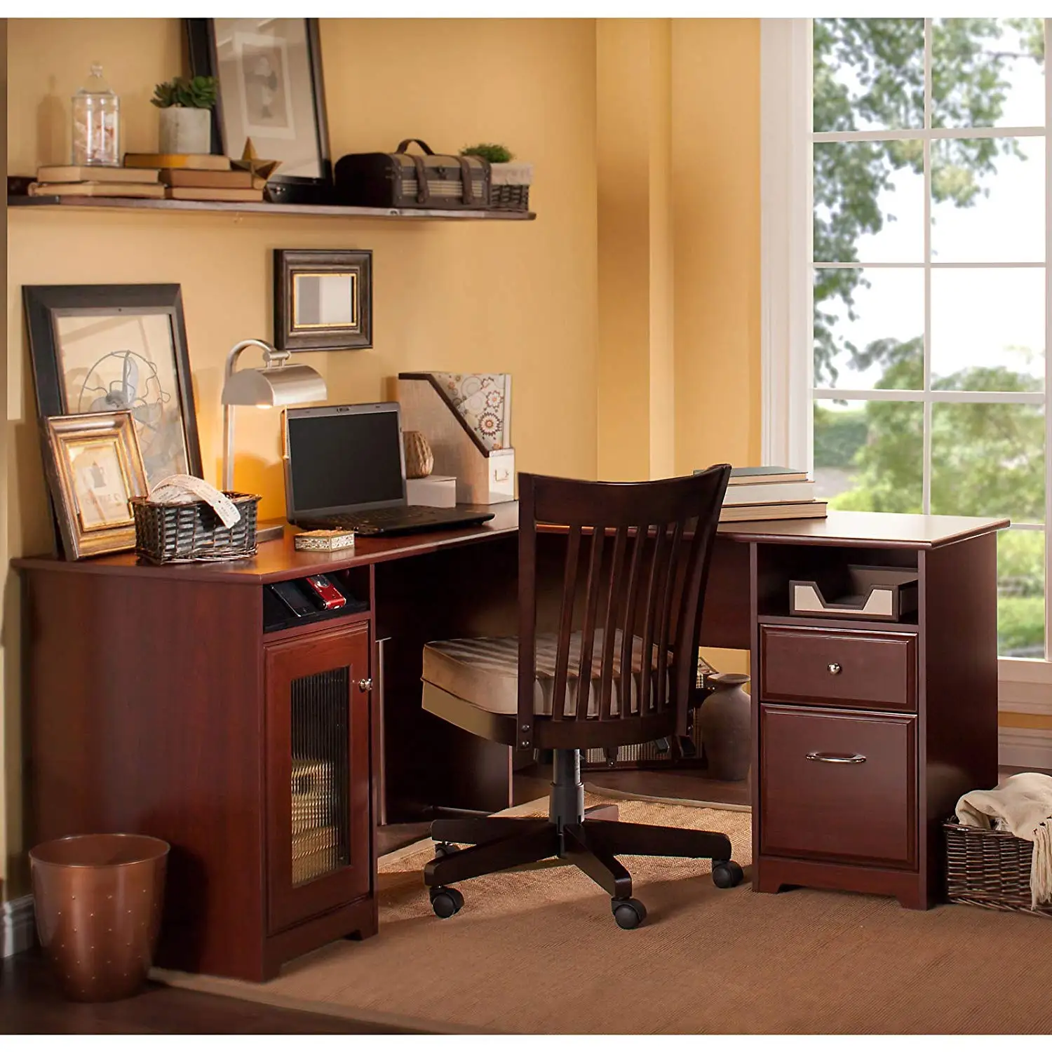 L Shaped Office Writing Desk With File Drawer And Glass Door Cabinet, Open And Closed Storage Space, Workspace, Functional Furniture, Ideal For Home Office, Corner Desk, Cherry Finish + Expert Guide