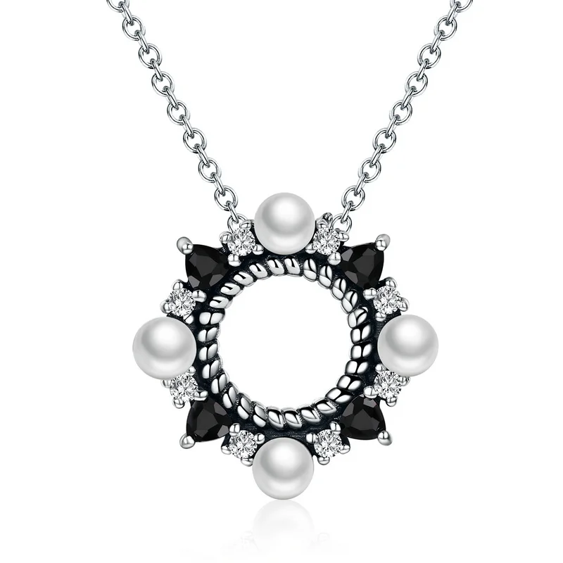 

925 Sterling Silver Pearl Black Zircon Jewelry Necklace For Wome