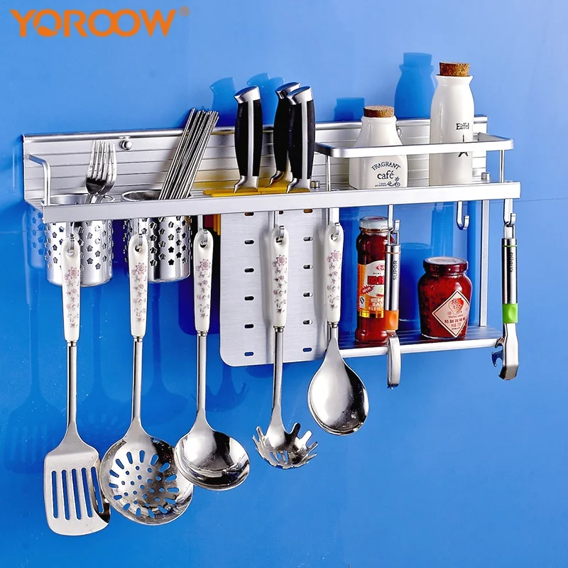 

Aluminum kitchen organization rack 2 tier storage kitchen hanging rack multifunctional kitchen wall rack with hooks, Silver