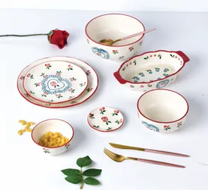 Image of popular chic colorful simple porcelain cheap dinner plates soup bowl oval plate dinner set with flower design