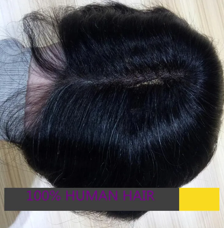 
HT427 human hair 6x8 inch Toupee #1B+5% offwhite color synthetic hair 6inches length 120% density natural wave right part wig 