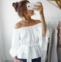 

fashion woman summer off shoulder tops female white chiffon bandage batwing sleeve blouse