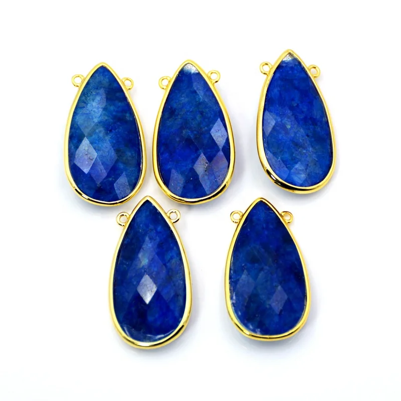 

Natural lapis lazuli Pendant Teardrop connector 30x15mm handmade gold bezel Gemstone Charm blue stone jewelry