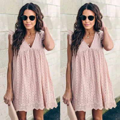 

Ecowalson 2019 Summer Hot Selling hollow v-neck pink lace dress women dress