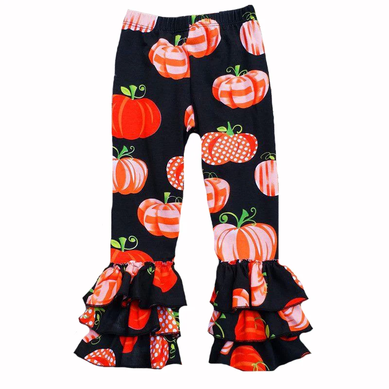 

Thanksgiving wholesale baby trousers pumpkin printing three layers ruffle icing leggings milk silk baby girl pants, Picture