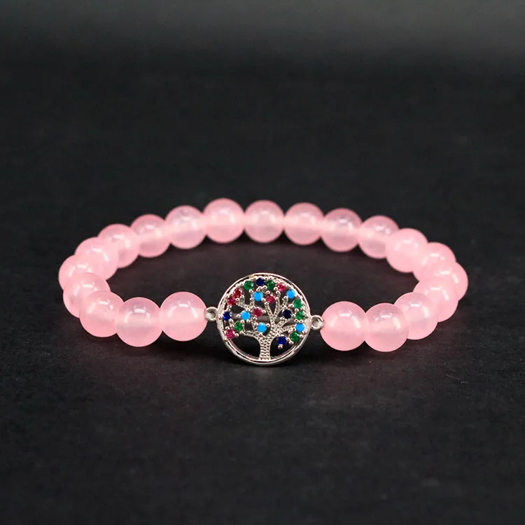 

BN2043 8mm pink stone beads with cz micro pave tree bracelet for women