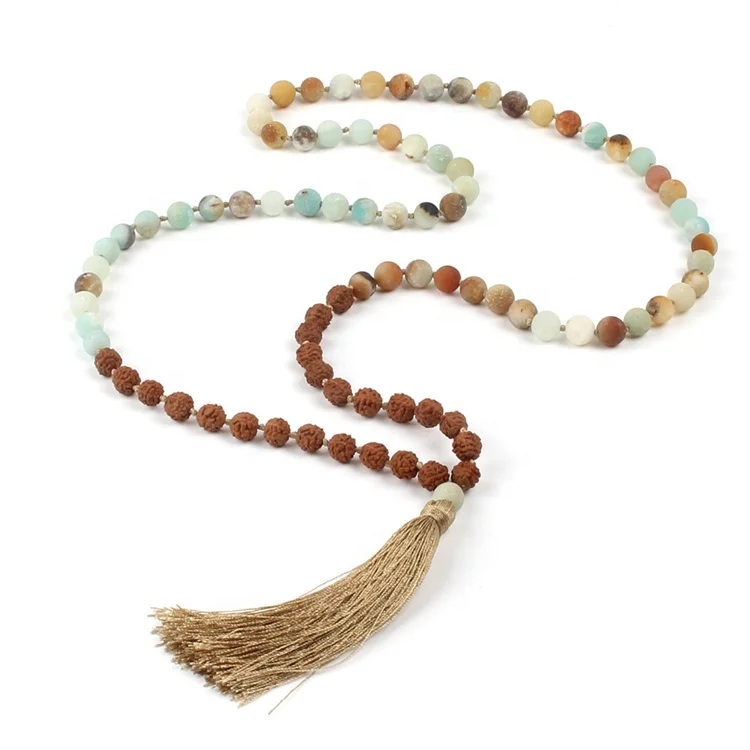 

Long Tassel Natural Stones Knotted 108 Mala Rudraksha Amazonite Beads Necklace, Blue;brow;green;black;turquoise;mixed color