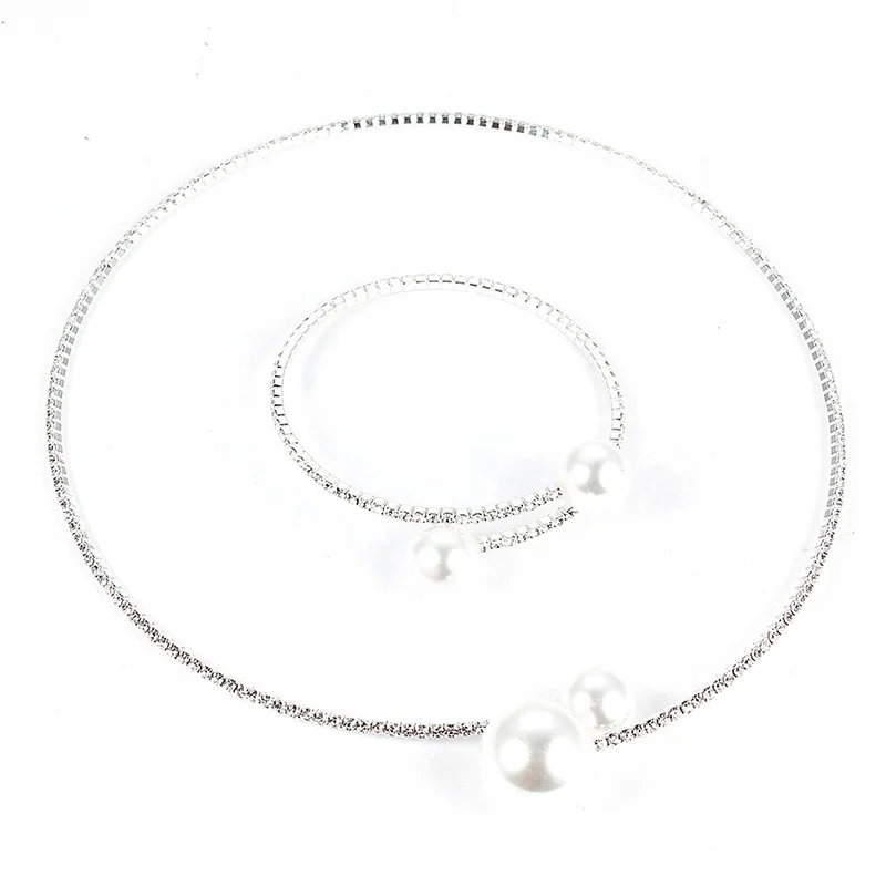 

2PCS/Set European Simulated Pearl Chokers Necklace Bangle Adjustable Jewelry Set For Women Bridal Wedding Party Accessories, White