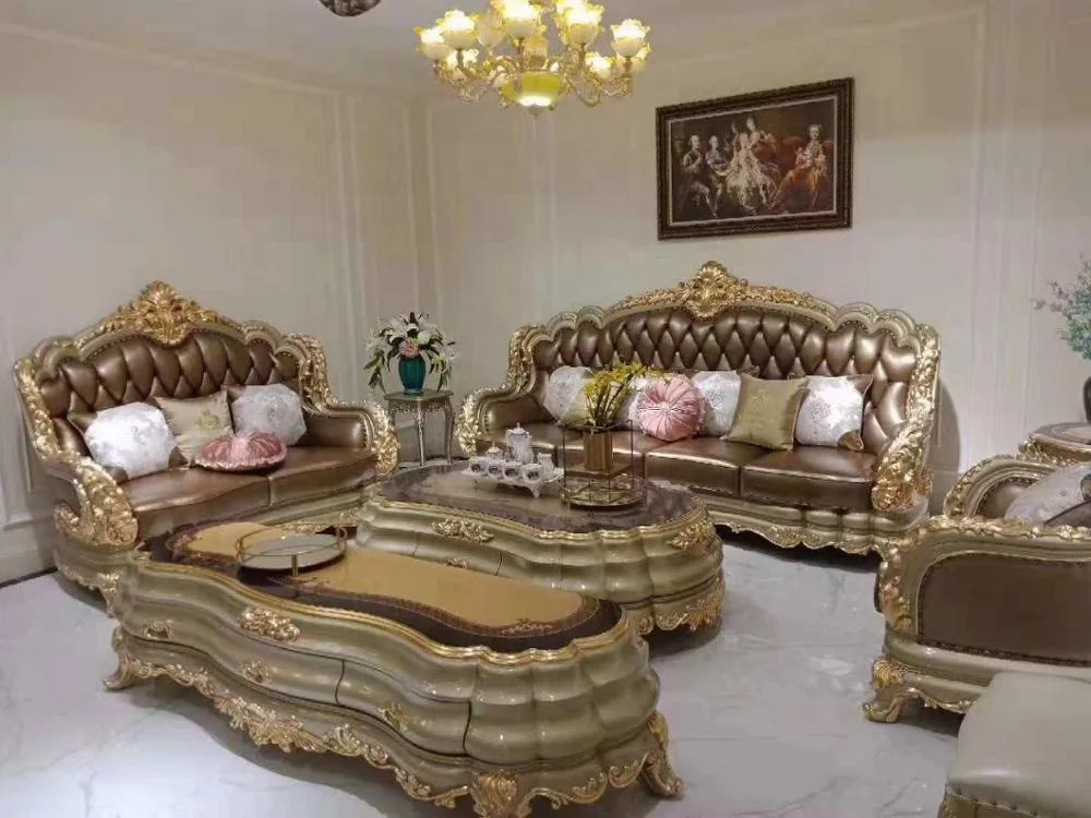 European classical livingroom furniture champagne gold woodcarved luxury royal leather sofa set