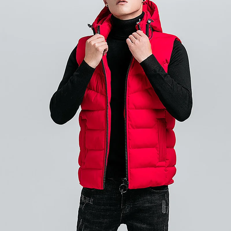 

bulk wholesale polyester plus size winter latest design men vest coat with detachable hat, Black;gray;red