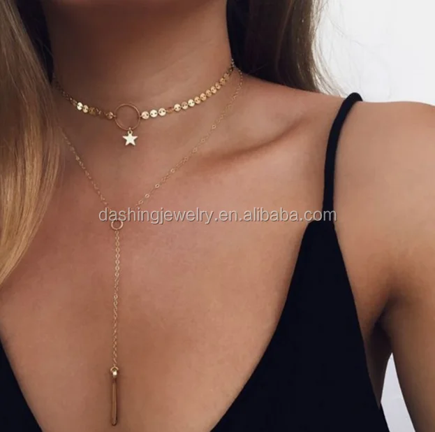 

2017 Hot Sale Gold Silver Sequins Long Tassel Star Choker Necklace Accessories For Women Jewelry Double Layer Chokers