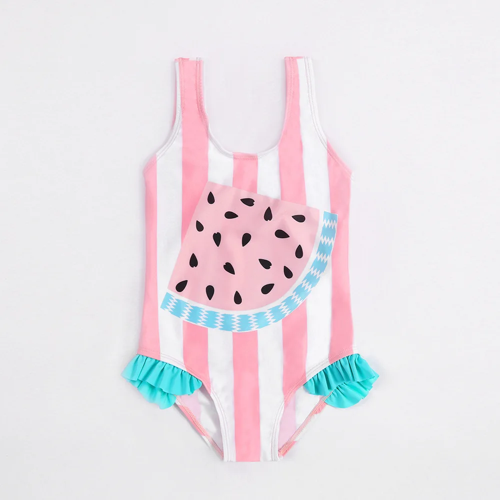 

Little Girls one piece swimwear romper watermelon pink stripe bikini ruffle beach swim cap set, Pink;white;mint