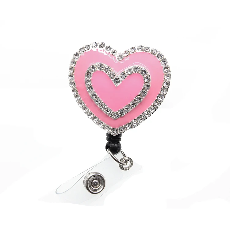 

Valentine's Day pink heart shape rhinestone Retractable id badge holder reel, As picture