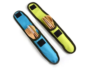 Image of 6pcs set New eco-friendly travel bamboo cutlery set with storage bag key chain